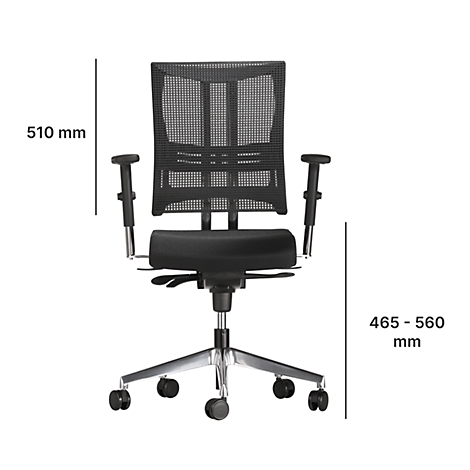 Office chair against a white background. Black seat, mesh backrest, armrests and chrome base. Dimensions: 510 mm and 465-560 mm.