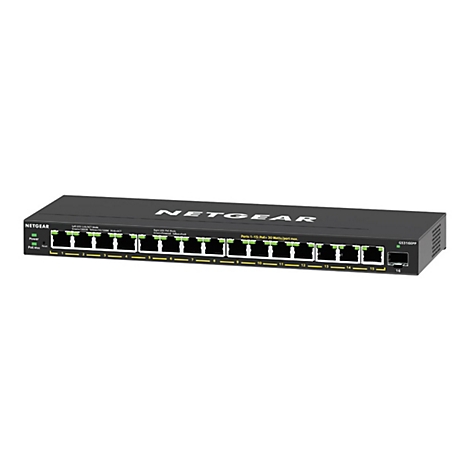 Commutateur Netgear noir avec 16 ports. "NETGEAR" est en haut. En dessous se trouvent des LED et des ports numérotés.