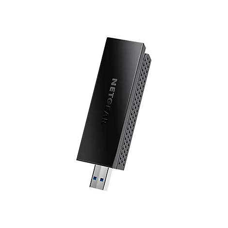Adaptateur Wi-Fi USB Netgear noir. Dessus avec logo de l'entreprise, connecteur USB en bas.