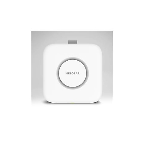 Appareil blanc et carré aux coins arrondis. Au centre, un cercle gris avec l'inscription "NETGEAR".