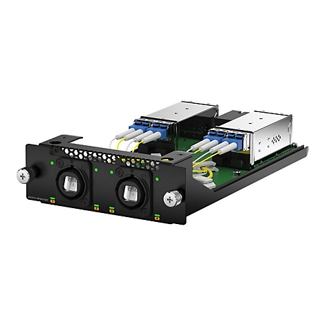 Module réseau noir avec connexions pour câbles à fibre optique et indicateurs LED.