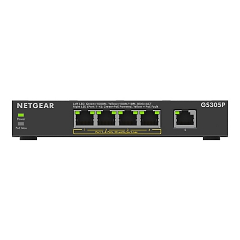 Commutateur Netgear GS305P noir. L'avant comporte des ports, des LED et des étiquettes. Les LED indiquent l'état. Le texte indique : NETGEAR.