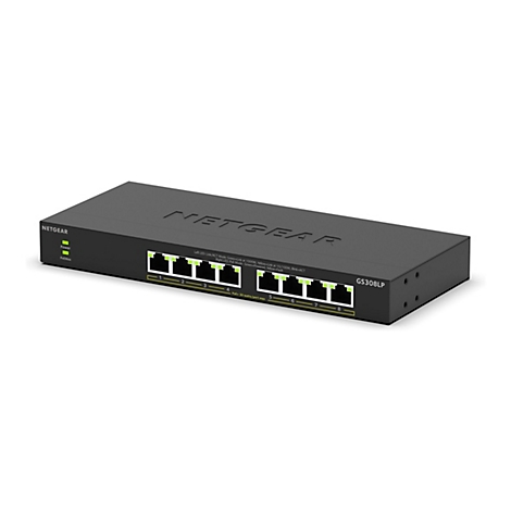 Ein schwarzer Netgear-Switch mit acht Anschlüssen. Auf der Vorderseite sind LEDs und Beschriftungen zu sehen. Das Produkt steht vor einem weißen Hintergrund.