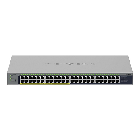Un commutateur réseau gris avec 48 ports. Le logo NETGEAR est visible en haut. Les ports sont disposés en rangées, avec des LED d'état en dessous. Plus d'informations sont imprimées sur le côté droit.