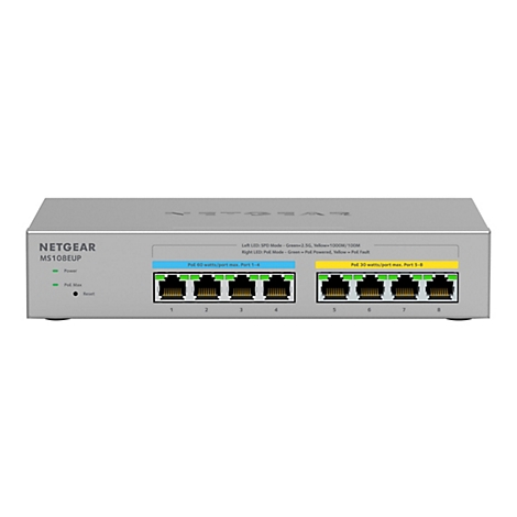 Un commutateur Netgear MS108EUP gris avec huit ports, des LED colorées et des étiquettes. Le nom de la marque est en haut, avec les ports numérotés en dessous.