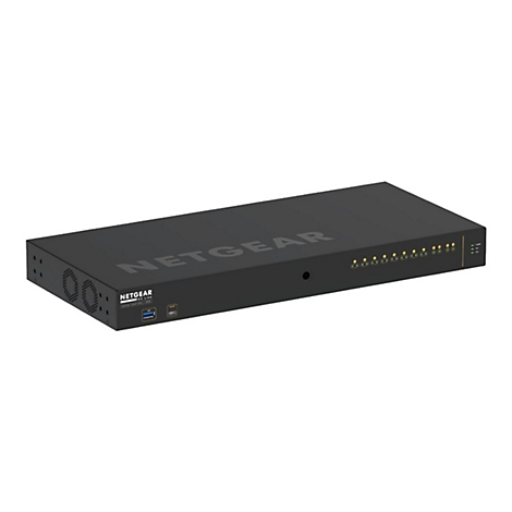 Schwarzer Netgear AV-Switch. Auf der Oberseite ist das Wort NETGEAR zu sehen, vorne befinden sich Anschlüsse.