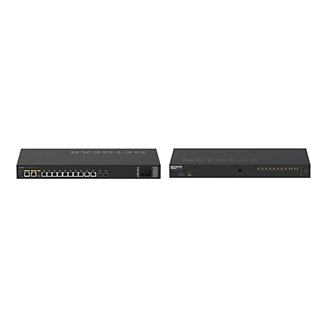Zwei schwarze Netgear-Switches; einer links mit Ports, einer rechts mit Indikatoren.