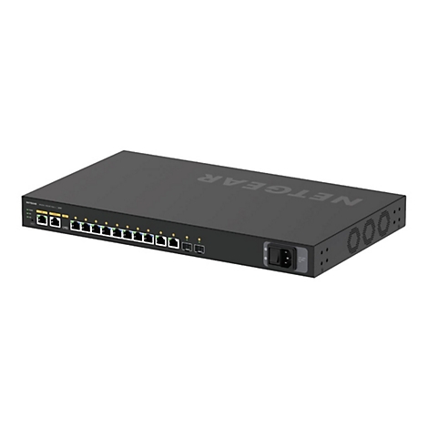 Ein schwarzer Netgear-Switch mit mehreren Ports und der Aufschrift "NETGEAR".