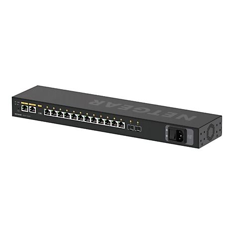 Ein schwarzer Netgear-Switch mit mehreren Ports. Auf dem Gerät ist der Schriftzug "NETGEAR" zu sehen.