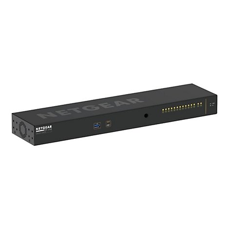 Ein schwarzes Netgear-Gerät, vorne mit LED-Leuchten, USB-Anschlüssen, und 'NETGEAR' Schriftzug.