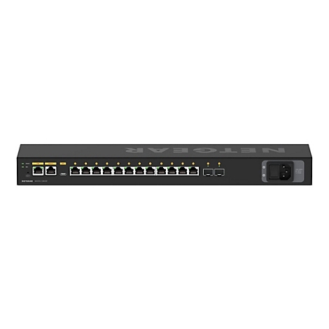 Ein schwarzer Netgear-Switch mit mehreren Ports und der Aufschrift "NETGEAR".