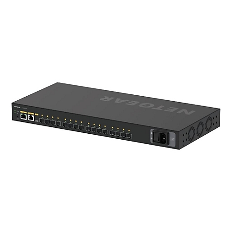 Schwarzer Netgear Netzwerk-Switch. Aufschrift: NETGEAR.