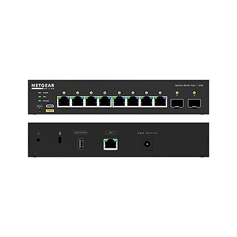 Schwarzer Netgear-Switch, Vorder- und Rückseite gezeigt. Oben: Ports, LEDs und Schriftzug. Unten: Ports, USB und Stromanschluss.