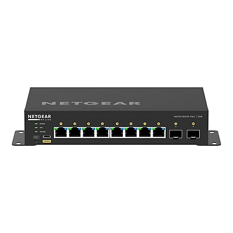 Schwarzer Netgear AV Line Switch. Auf der Vorderseite befinden sich Netzwerkanschlüsse und LED-Anzeigen. Der Schriftzug „NETGEAR“ ist oben eingeprägt.
