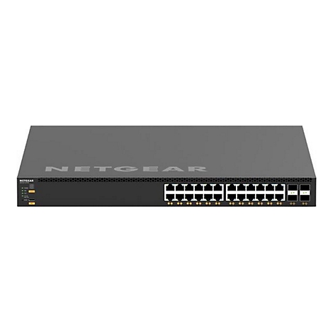 Schwarzer Netgear-Switch mit Ports und LED-Anzeigen, weißer Hintergrund. Auf der Oberseite steht NETGEAR.