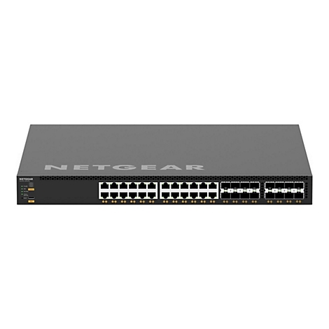 Schwarzer Netgear Switch, viele Ports, grauer Schriftzug.