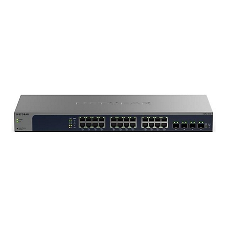 Ein grauer Netzwerk-Switch mit Ports und LEDs. Das NETGEAR-Logo ist sichtbar.