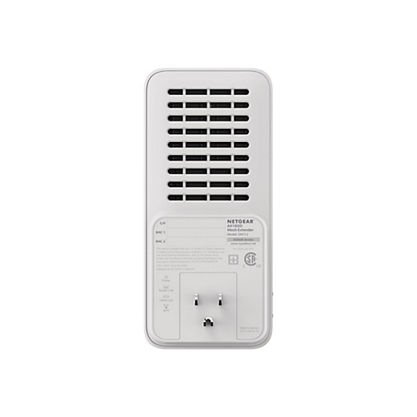 Ein weißer Netgear AX1600 Mesh Extender vor weißem Hintergrund. Das Gerät hat Lüftungsschlitze und einen dreipoligen Stecker.