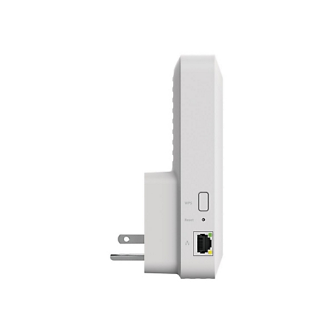 Weißer WLAN-Repeater mit LAN-Anschluss. Auf dem Gehäuse ist 'WPS' und 'Reset' beschriftet, daneben befinden sich Knöpfe.