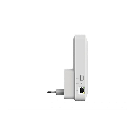 Ein weißer WLAN-Repeater mit Netzstecker, von der Seite gezeigt. Es hat Anschlüsse für Ethernet und Tasten für WPS und Reset.