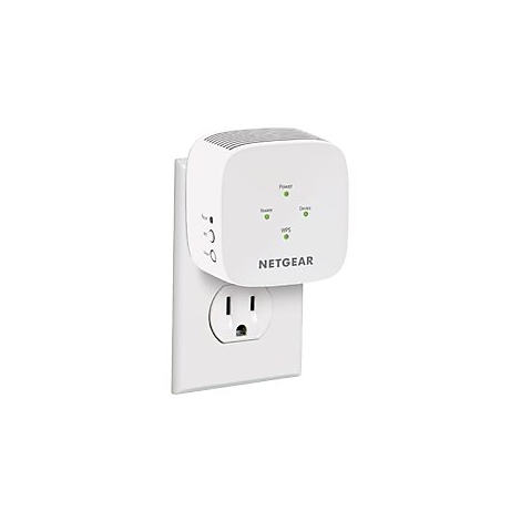Weißer WLAN-Verstärker, in eine weiße Steckdose gesteckt. Mit grünen LEDs und NETGEAR-Logo.