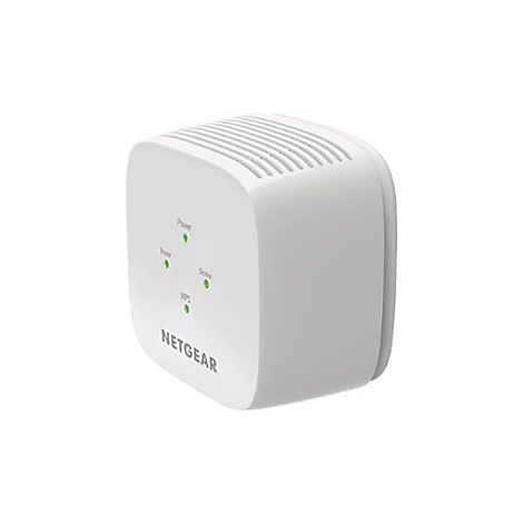 Weißer Netgear WLAN-Repeater mit grünen LEDs. Aufschrift: Power, Router, Device, WPS. Netgear Logo.