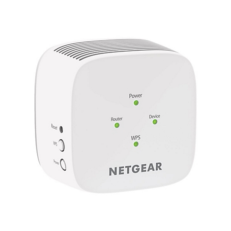 Répéteur WiFi Netgear blanc avec des LED vertes et du texte.