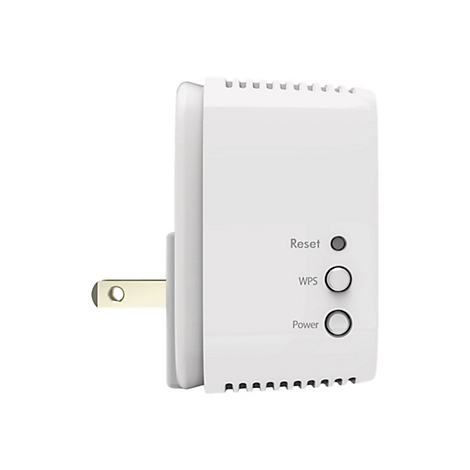 Weißer WLAN-Repeater mit Stecker, Reset-, WPS- und Power-Knopf. Schwarze, graue und weiße Elemente.