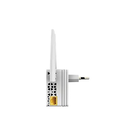 Ein weiÃŸer WLAN-Repeater mit zwei Antennen und einem gelben Netzwerkanschluss an der Unterseite.