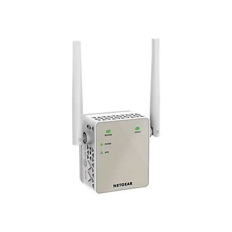 Ein weiÃŸer Netgear WLAN-Repeater mit zwei Antennen. Oben auf dem GerÃ¤t sind grÃ¼ne Kontrollleuchten zu sehen.