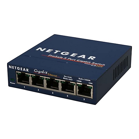 Ein dunkelblauer Netgear ProSafe 5 Port Gigabit Switch. Auf der Oberseite stehen die Worte NETGEAR und ProSafe 5 Port Gigabit Switch. Fünf Ethernet-Anschlüsse auf der Vorderseite.