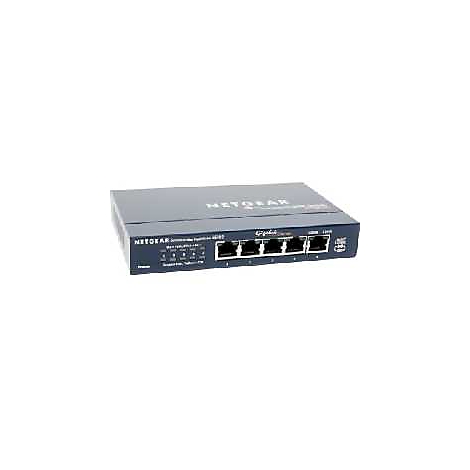 Ein dunkelblaues Netgear Ethernet-Switch mit 5 Anschlüssen, Beschriftung: 'NETGEAR' und 'Gigabit'.