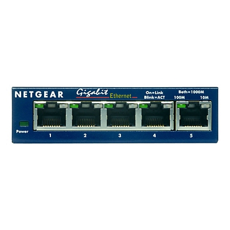 Ein blauer Netzwerk-Switch mit 5 Anschlüssen, Marke NETGEAR. Aufschrift: Gigabit Ethernet.