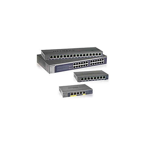 Plusieurs commutateurs réseau, tous en gris et noir, empilés et placés les uns à côté des autres.