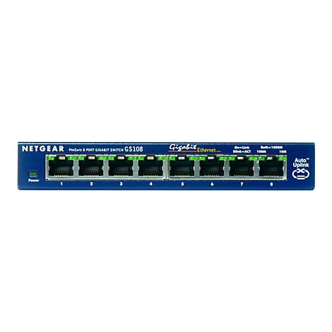 Ein blauer Netzwerk-Switch mit 8 Ports, beschriftet mit Netgear und GS108.