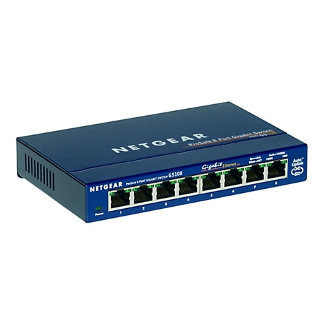 Blauer Netgear ProSafe 8-Port Gigabit Switch GS108 mit acht Ethernet-Anschlüssen. Aufschrift: Gigabit Ethernet.