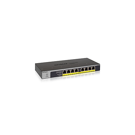 Un commutateur Netgear noir avec huit ports Ethernet, numérotés en jaune. Bord gris avec connexions latérales.