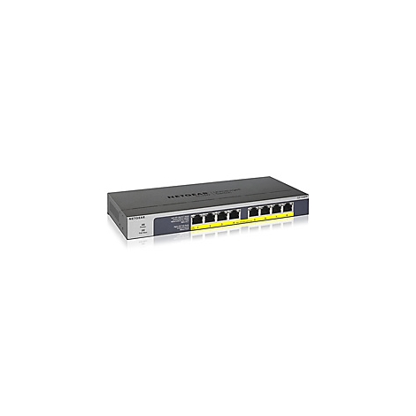 Un switch Netgear noir avec 8 ports, des LED jaunes et des étiquettes grises sur fond blanc.