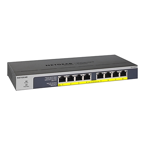 Ein schwarzer Netgear GS108PP Unmanaged Switch. Auf der Vorderseite befinden sich 8 Ports mit gelben Nummern. Die Beschriftung PoE Max und Power sind sichtbar.