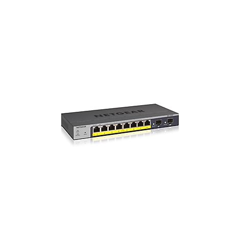 Commutateur réseau noir avec détails gris et jaunes, huit ports, logo Netgear.