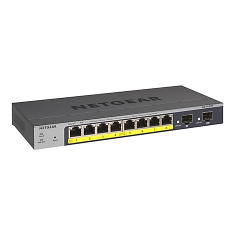 Un commutateur Netgear GS110TP noir avec plusieurs ports disposés sur un fond blanc. Divers étiquettes et indicateurs se trouvent sur le commutateur.