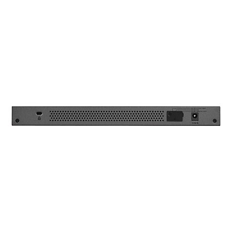 Vue arriÃ¨re d'un switch rÃ©seau noir. De nombreux petits trous sur le dessus, en dessous un connecteur d'alimentation et une entrÃ©e d'alimentation.