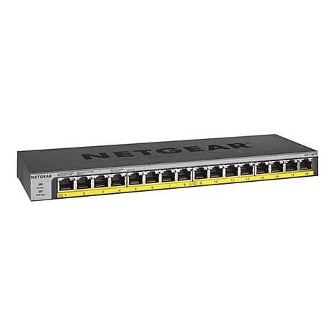 Un commutateur Netgear noir avec 16 ports, numérotés. À gauche se trouvent les indicateurs d'alimentation et PoE Max, ainsi que le nom de la marque. En haut se trouve le nom du produit GS116PP.
