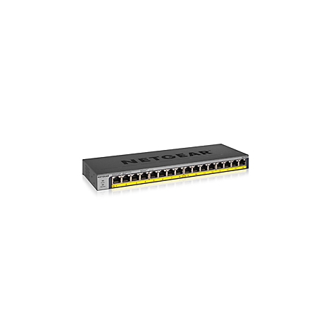 Ein schwarzer Netgear-Switch mit 16 Ports, gelbe Markierungen und der Schriftzug 'NETGEAR'.