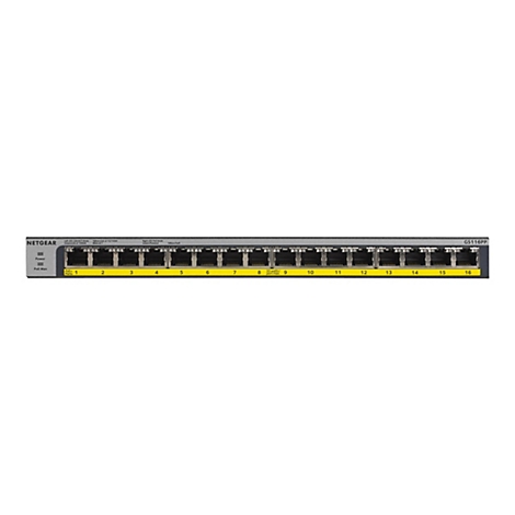 Ein grauer Netzwerk-Switch mit 16 Ports, die mit Nummern versehen sind. Das NETGEAR Logo ist oben links. Der Switch hat verschiedene LED-Anzeigen und Textbeschriftungen.