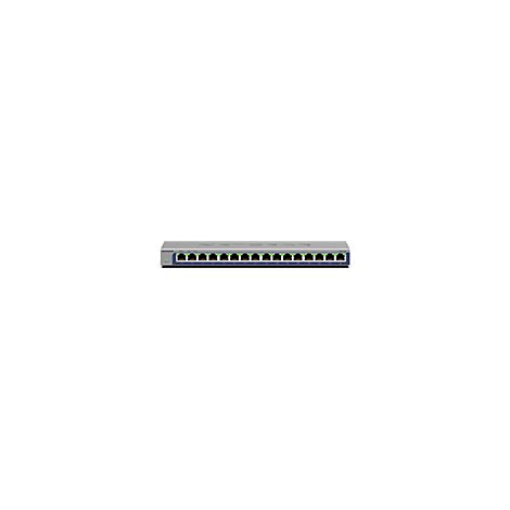 Ein silberner Netzwerk-Switch mit 16 Ports, die sich in einer Reihe über die Vorderseite erstrecken.