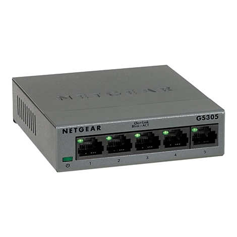 Commutateur réseau gris Netgear GS305 avec cinq ports et des LED vertes. Netgear est écrit en haut.