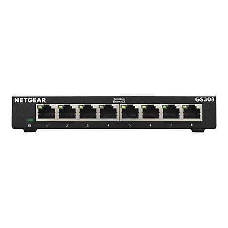 Un commutateur Netgear GS308 noir avec huit ports, sur fond blanc. Les ports sont numérotés en haut. Le mot NETGEAR est à gauche et GS308 à droite.