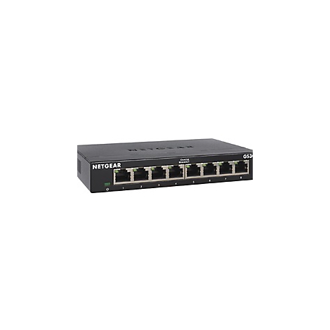Commutateur réseau noir à 8 ports. Logo NETGEAR à gauche, GS308 à droite, au-dessus des connexions avec des LED vertes.