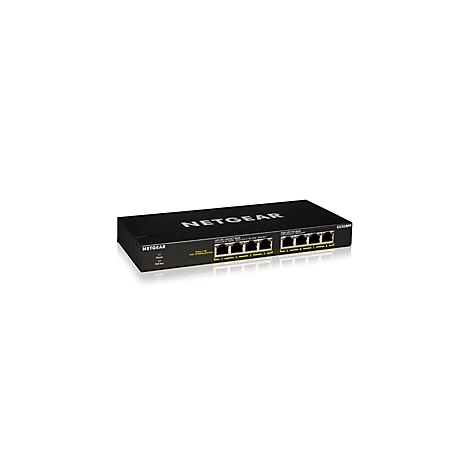 Switch NETGEAR noir avec 5 ports Ethernet, comprenant des indicateurs d'alimentation et de liaison/activitÃ©.